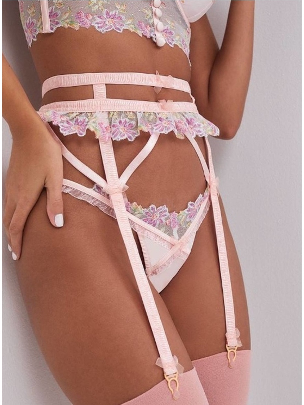 For Love & Lemons April Bloom Pink Floral Garter Belt NWT size M